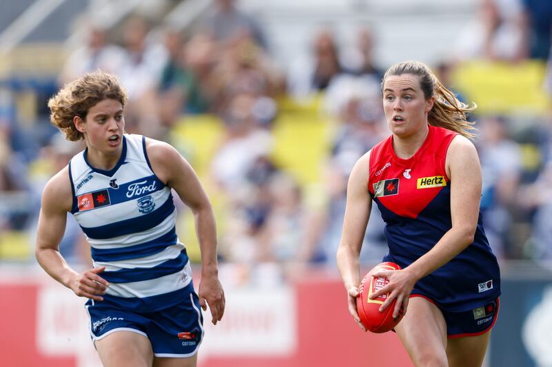 MELBOURNE, AUSTRALIA - NOVEMBER 19: Aimee Mackin of the Demons in action during the 2023 AFLW Second Semi Final match between The Melbourne Demons and The Geelong Cats at IKON Park on November 19, 2023 in Melbourne, Australia. (Photo by Dylan Burns/AFL Photos via Getty Images)