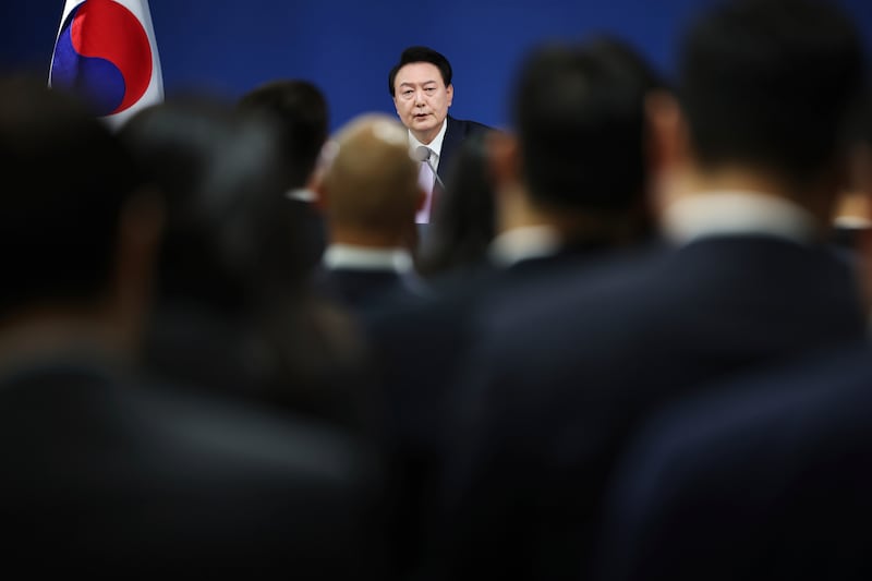 South Korean President Yoon Suk Yeol answers a reporter’s question during a news conference at the Presidential Office in Seoul, South Korea (Kim Hong-Ji/AP)