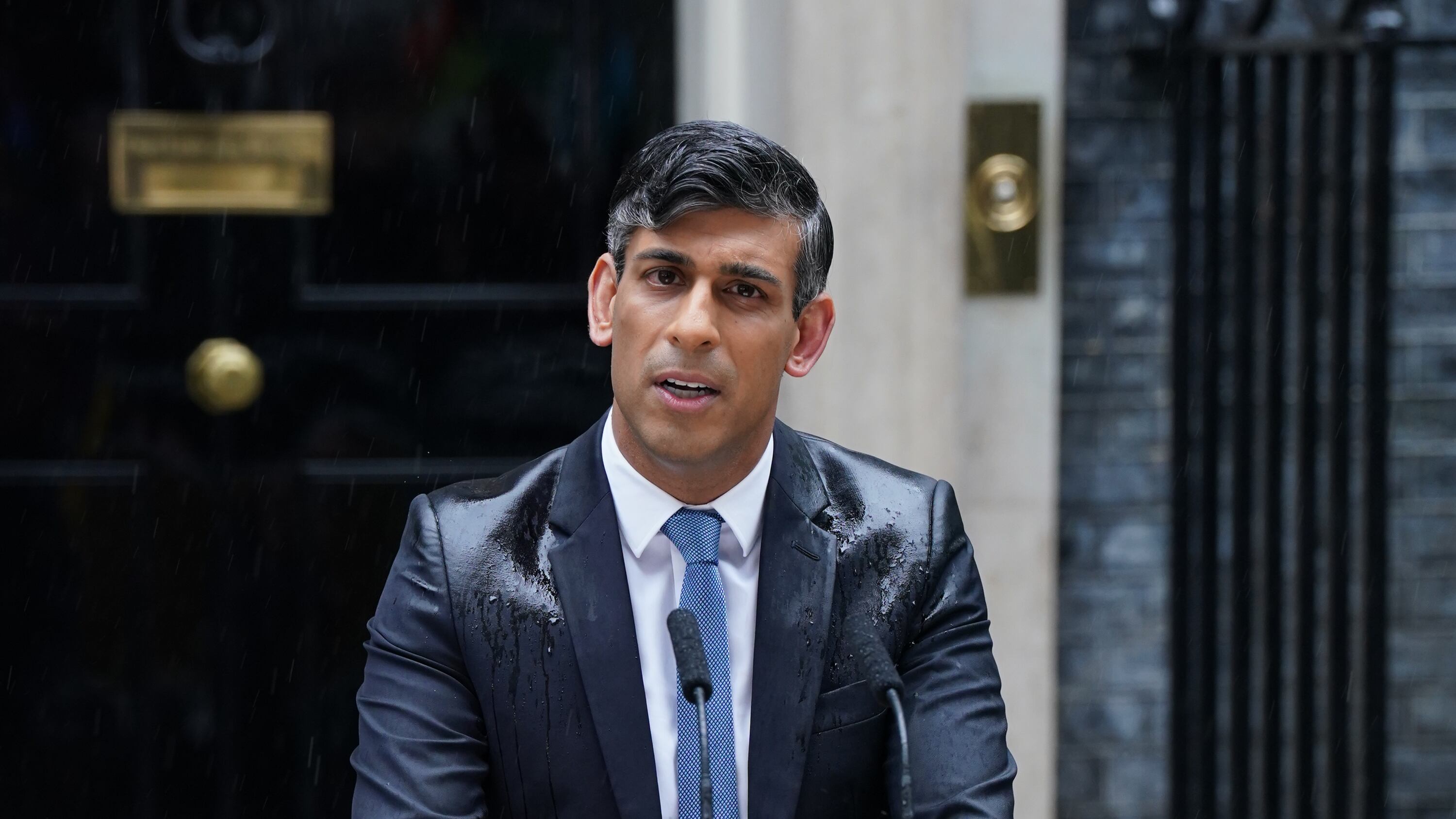 Prime Minister Rishi Sunak was soaked while making a speech outside No 10