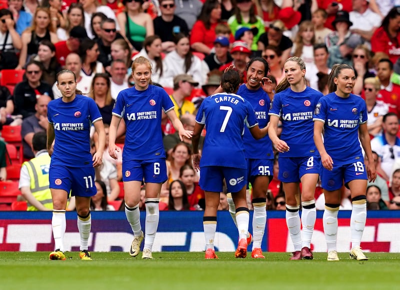 Chelsea’s Mayra Ramirez (third right) celebrates