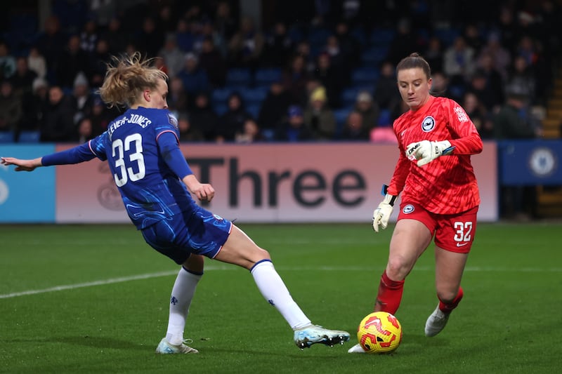 Chelsea’s Aggie Beever-Jones, left, scores