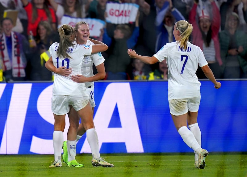 Alessia Russo (second left) scored an audacious back-heeled shot during England’s 4-0 Euro 2022 semi-final win over Sweden