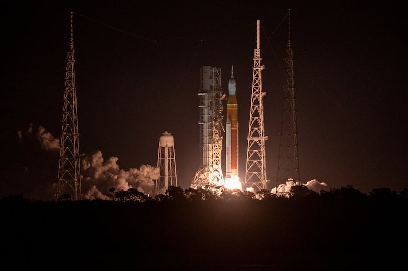 Nasa’s Space Launch System rocket carrying the Orion spacecraft at the Kennedy Space Centre in Florida