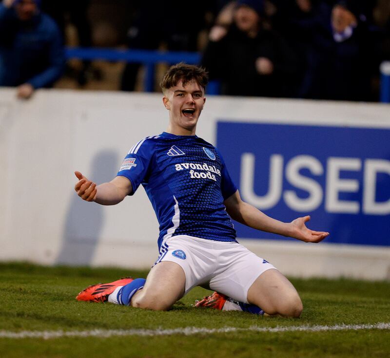 Pacemaker Press.

25-1-25.

Glenavon Fc v Carrick Rangers Fc

Sports Direct Irish League Premiership,
Glenavon's Paul McGovern celebrates his goal and  during this evening's game at Mourneview Park in Lurgan.  

Photo by Alan Weir/Pacemaker