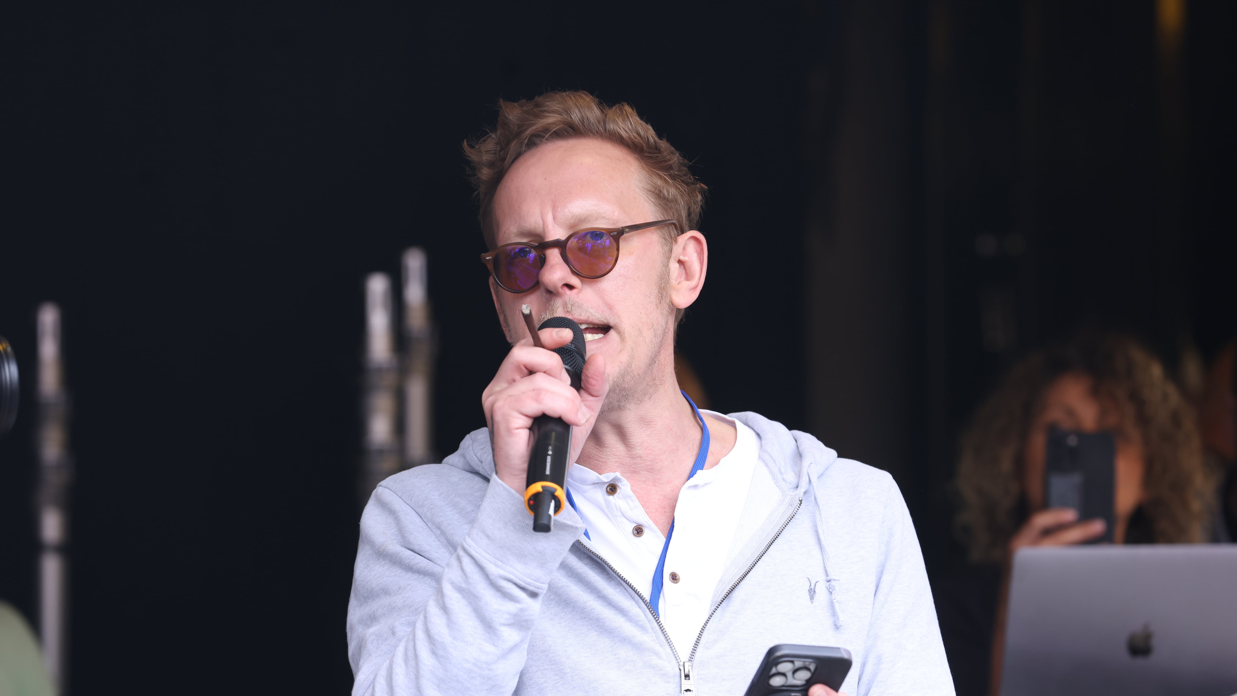 Laurence Fox speaking during the protest march at Parliament Square