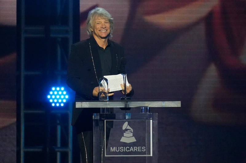 Jon Bon Jovi accepts his Musicares Person of the Year award during a ceremony in his honour on Friday (AP Photo/Chris Pizzello)