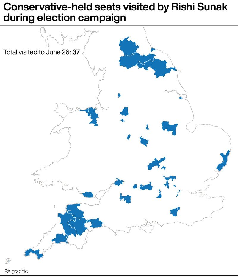 Conservative-held seats visited by Rishi Sunak during the election campaign