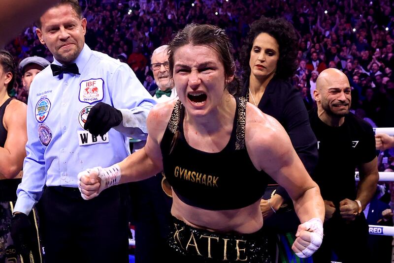 Katie Taylor celebrates Saturday night's momentous victory over English rival Chantelle Cameron. Picture by PA