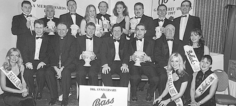 PRIZE NIGHT... The various award winners from Friday night&#39;s Ulster GAA Writers&#39; Association 1997 annual banquet in Bundoran. Back row, (l to r): Noel Sands (Down, hurler of the year), Paddy O&#39;Rourke (Monaghan, Services to GAA), Micheal Murray (St Paul&#39;s, picked up handball trophy for Fiona McKenna), Jenny Greenan (Monaghan, women&#39;s football), Gerry Donnelly (Derry, Communications award), Grace McMullan (Antrim, camogie), Brian Crowe (Cavan, referee), Peter McKenna (Clontibret, Club of the year), Hugh Quinn (Galway Crystal). Front row, (l to r): John Maguire (MD Belleek China), Bishop Farquhar (Patron of UGAAWA), Martin McHugh (Personality of the year), Bob Magee (MD Bass), Bernard Morris (Cavan, footballer of the year), and John McAviney (Chairman UGAAWA) 