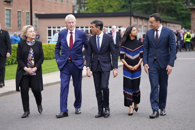 (Left-right) Hillary Clinton, Former US president Bill Clinton, Prime Minister Rishi Sunak, Akshata Murthy and Taoiseach Leo Varadkar following the international conference to mark the 25th anniversary of the Belfast/Good Friday Agreement,