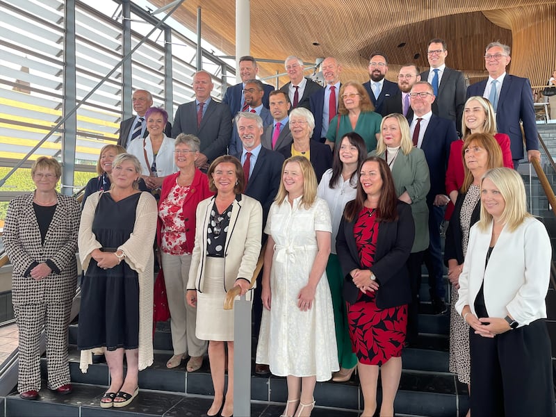 First Minister of Wales Eluned Morgan with all the members of the Senedd Labour group at the Senedd in Cardiff after being elected as the first female leader of Wales