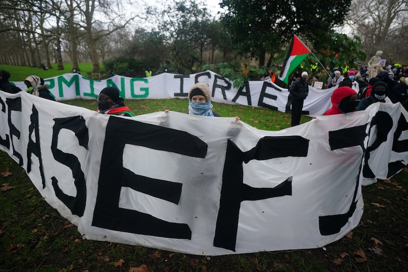 People gather in St James’s Park ahead of the Free Palestine Coalition demonstration