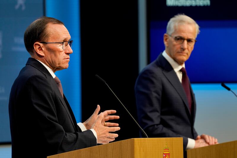 Norway’s Prime Minister Jonas Gahr Store, right, and foreign minister Espen Barth Eide speak during a news conference in Oslo (Erik Flaaris Johansen/AP)
