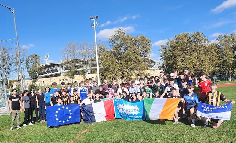 The St Macartan's College students and teachers who were in Lyon for Saturday's Pan-European Gaelic football finals