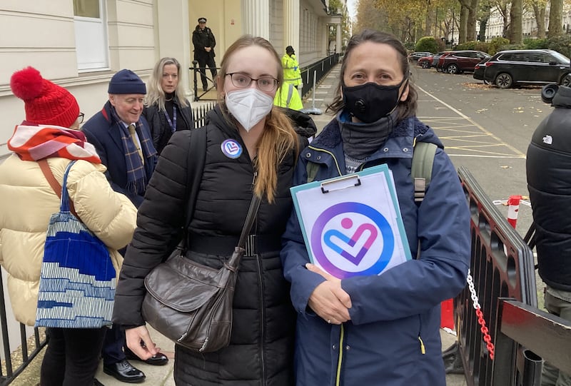 Andrea Barrett (left) and Sarah Steven outside Dorland House in London where Matt Hancock is giving evidence to the UK Covid-19 Inquiry