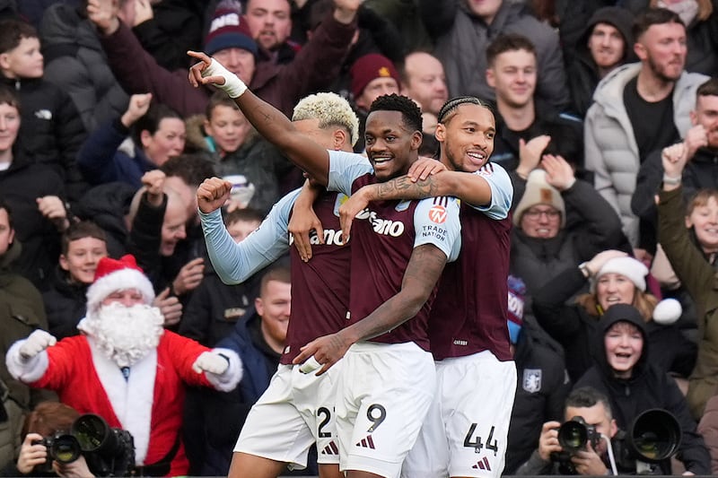 Aston Villa’s Jhon Duran (centre) celebrates with team-mates after scoring their side’s first goal