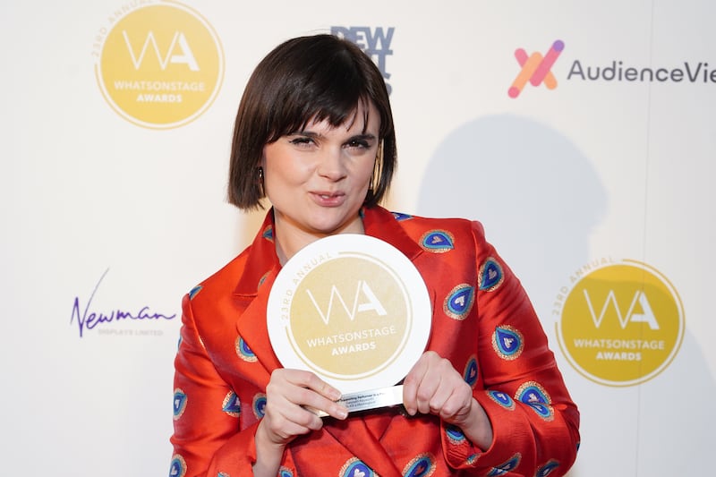 Gwyneth Keyworth with the award for best supporting performer in a play during the WhatsOnStage Awards at the Prince Of Wales Theatre in 2023