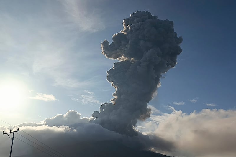 Mount Lewotobi Laki-Laki spews volcanic materials during an eruption in East Flores, Indonesia (AP)