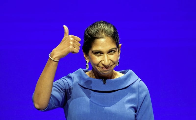 Home Secretary Suella Braverman gives a thumbs up after her speech at the Conservative Party annual conference in 2022. Picture by Jacob King 