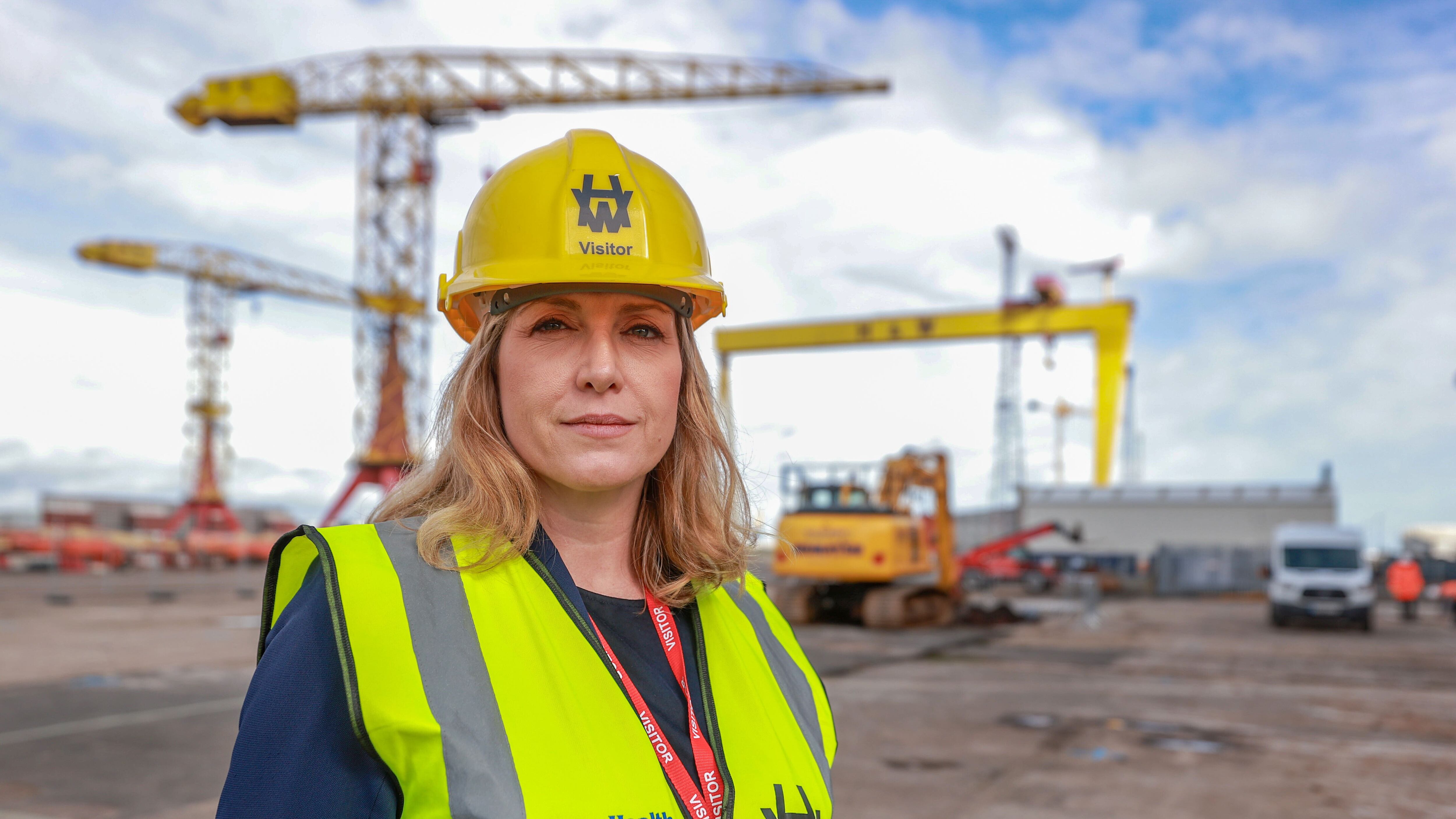 Leader of the House of Commons Penny Mordaunt during a visit to the Harland and Wolff shipyard, Belfast (Liam McBurney/PA)