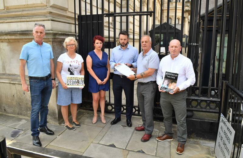 SDLP leader Colum Eastwood and shadow Northern Ireland secretary Louise Haigh (third left) with a delegation of families bereaved during the Northern Ireland Troubles (left to right) Julie Hambleton, Joe Campbell Jnr, Raymond McCord and Billy McManus, including in the Birmingham pub bombs, as they attempt unsuccesfully to hand in a letter to No 10 Downing Street, London, expressing disgust at the statute of limitations proposal.<br />Picture date: Tuesday July 20, 2021. Picture by Dominic Lipinski/PA Wire&nbsp;