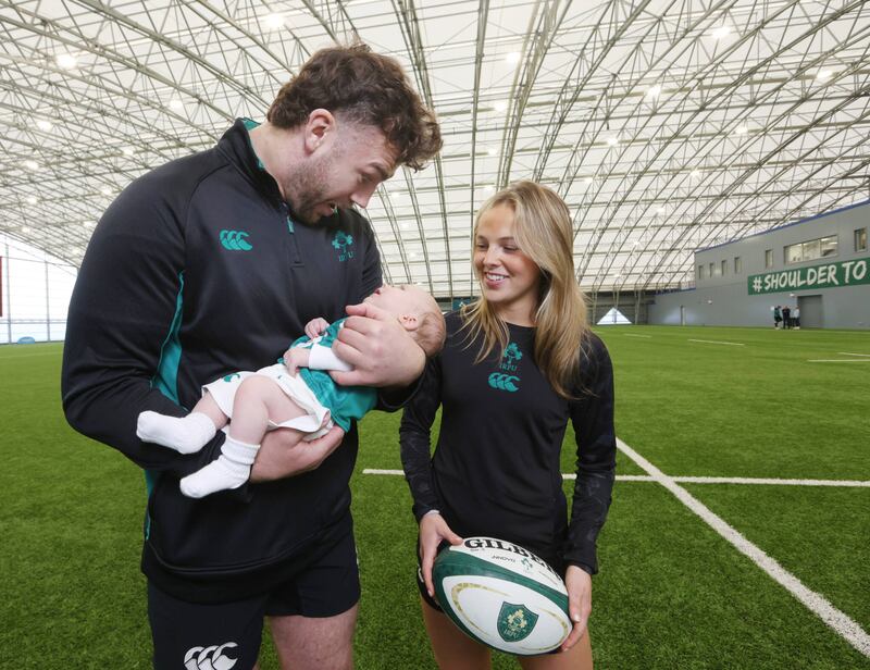 Ireland stars Caelan Doris and Aoibheann Reilly launch the 150 Kit for babies born on February 15th in Ireland with Matthew Brassil. PICTURE: PHOTOCALL IRELAND