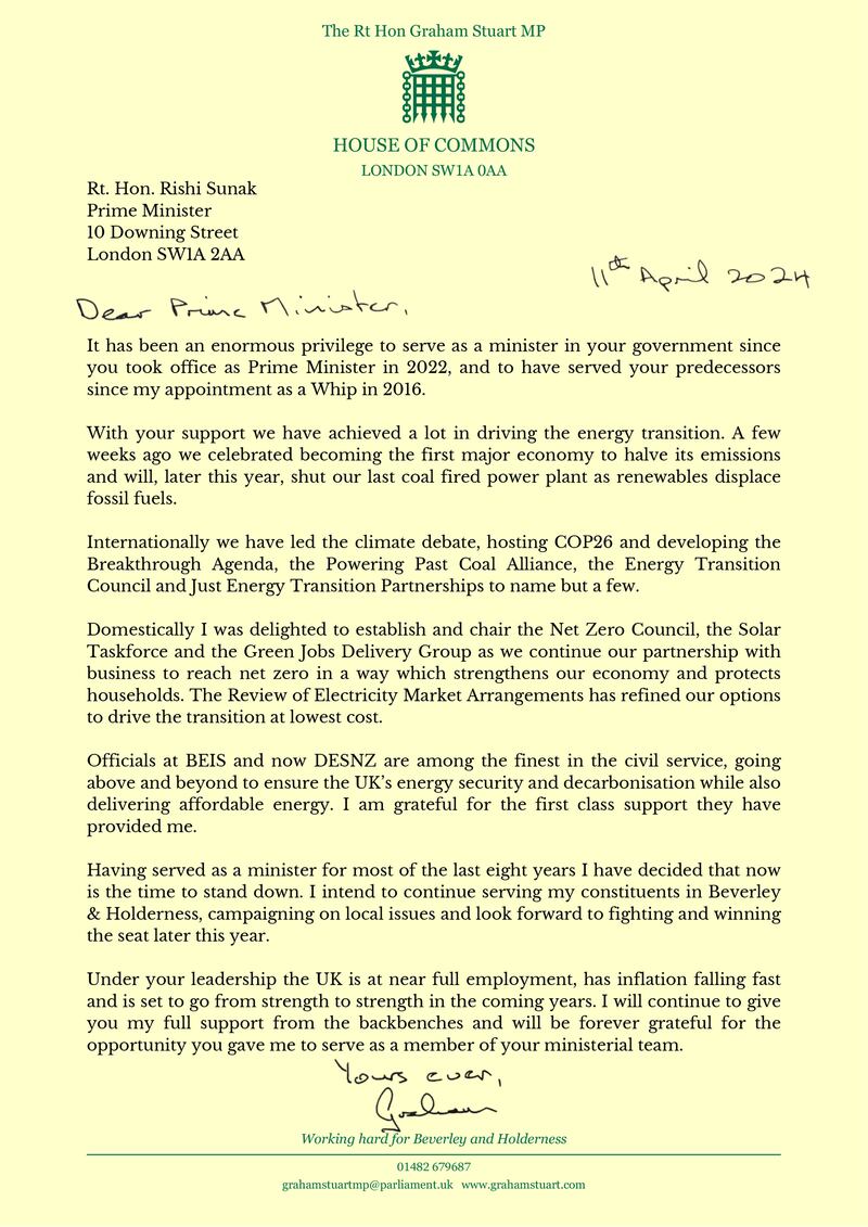 Graham Stuart’s resignation letter addressed to Prime Minister Rishi Sunak