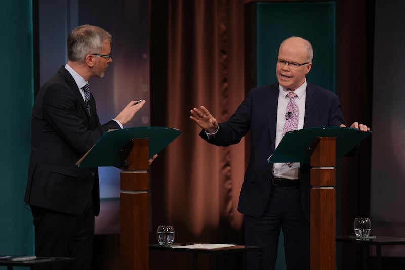 Roderic O’Gorman leader of the Green Party (left) and leader of Aontu, Peadar Toibin, during the General Election leaders’ debate at RTE studios in Montrose, Dublin. RTE’s Upfront with Katie Hannon is hosting Ireland’s largest ever leaders’ General Election debate, with 10 political party leaders invited to debate live in the studio. Picture date: Monday November 18, 2024.