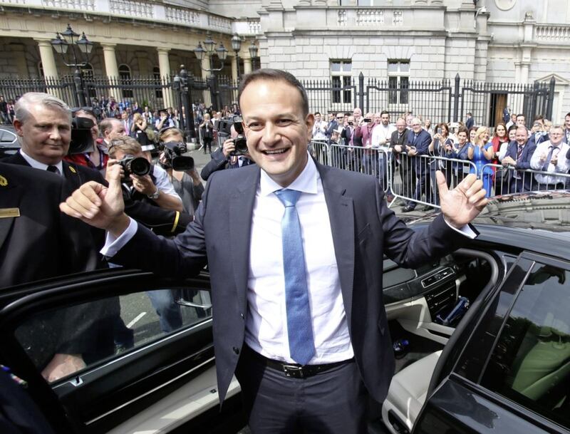 Fine Gael leader and Taoiseach Elect Leo Varadkar as he leaves Leinster House in Dublin, on his was to Aras an Uachtarain to get his seal of office from President Michael D Higgins . PRESS ASSOCIATION Photo. Picture date: Wednesday June 14, 2017. See PA story IRISH Taoiseach. Photo credit should read: Niall Carson/PA Wire. 