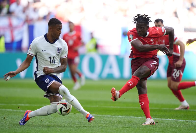 England’s Ezri Konsa (left) blocked a shot from Switzerland’s Breel Embolo in the quarter-finals