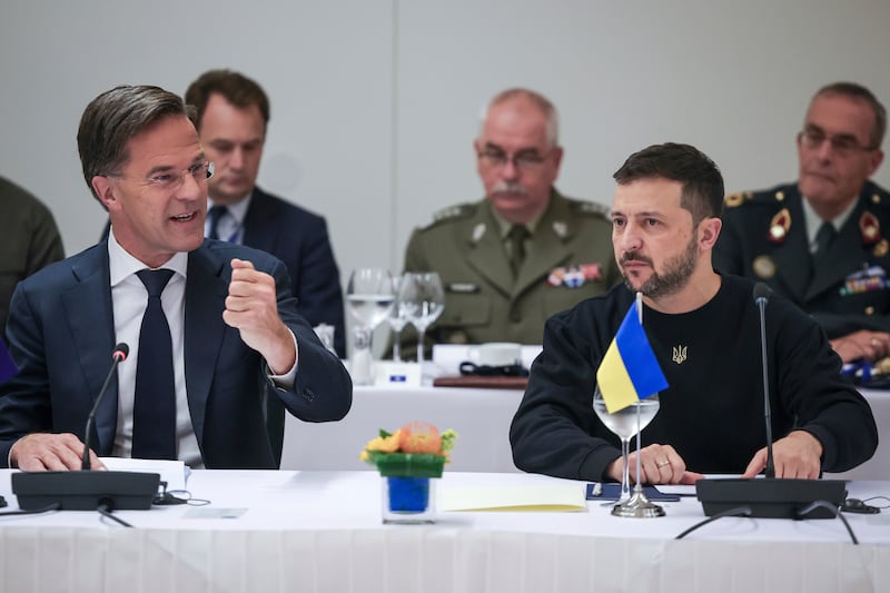 Nato secretary-general Mark Rutte, left, with Ukraine’s President Volodymyr Zelensky during a meeting at Nato headquarters in Brussels (Olivier Matthys, Pool Photo via AP)