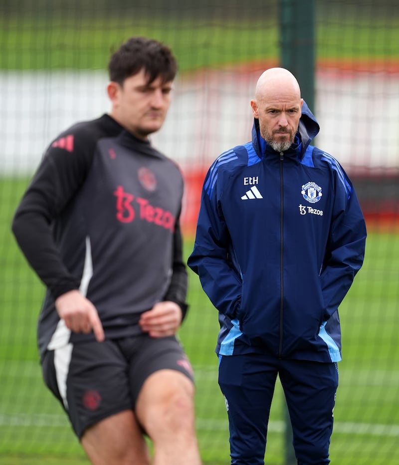 Harry Maguire, left, has backed manager Erik ten Hag despite Manchester United’s poor defensive record