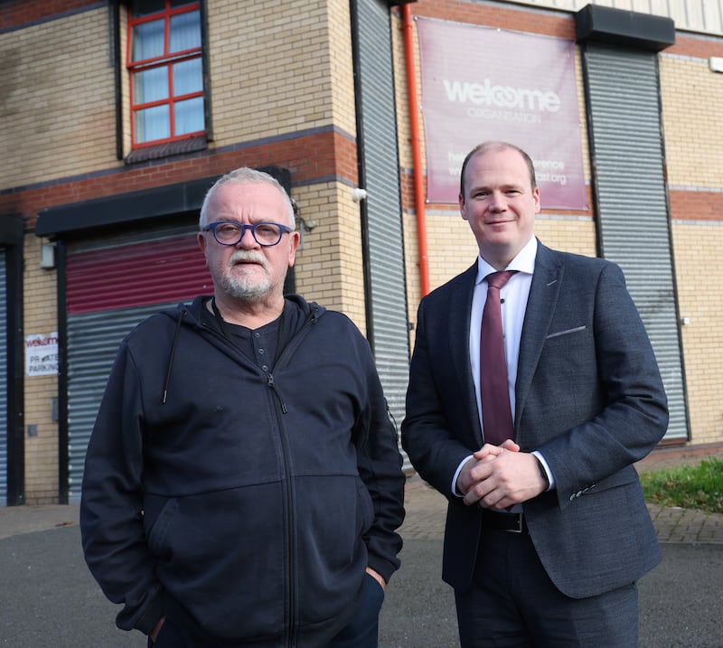 Minister Gordon Lyons meets with Jude Whyte from the Welcome Organisation after recent damage caused to the building.
PICTURE COLM LENAGHAN