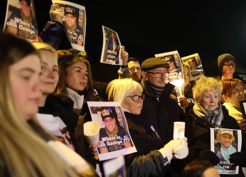 Family and Friends of John George attend a vigil at Luke’s in Twinbrook on Tuesday evening, John George 
 went missing while in Spain just before Christmas.
Also known as John Hardy, the west Belfast man did not board his return flight to Belfast from Alicante airport on December 18 as intended.
PICTURE COLM LENAGHAN