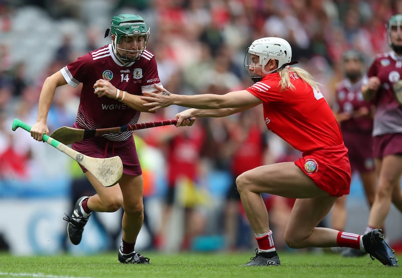 Cork’s Pamela Mackey tackles Niamh Mallon of Galway at Croke Park