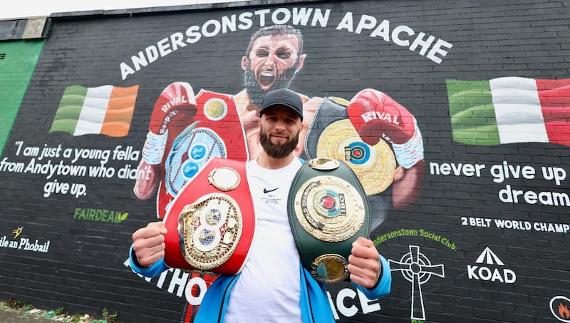 Anthony Cacace at the new mural in Andersonstown. PICTURE: COLM LENAGHAN