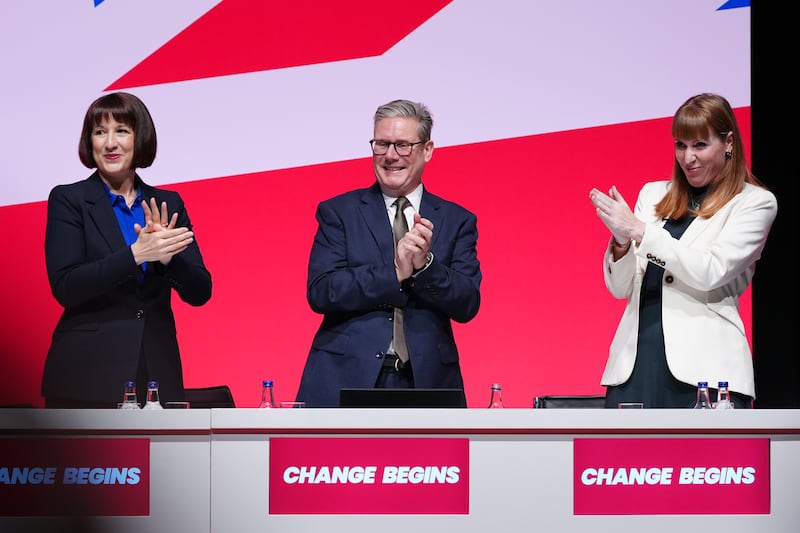 (left to right) Chancellor of the Exchequer Rachel Reeves, Prime Minister Sir Keir Starmer and Deputy Prime Minister Angela Rayner clap their hands during the Labour Party Conference in Liverpool