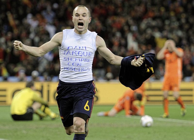 Spain&#39;s Andres Iniesta celebrates after scoring the winning goal in the World Cup final 