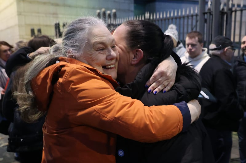 Margaret (left), mother of Ian Ogle, outside Laganside Courts, Belfast, after Walter Ervine, Glenn Rainey and Robert Spiers were found guilty of Mr Ogle’s murder in Belfast in January 2019