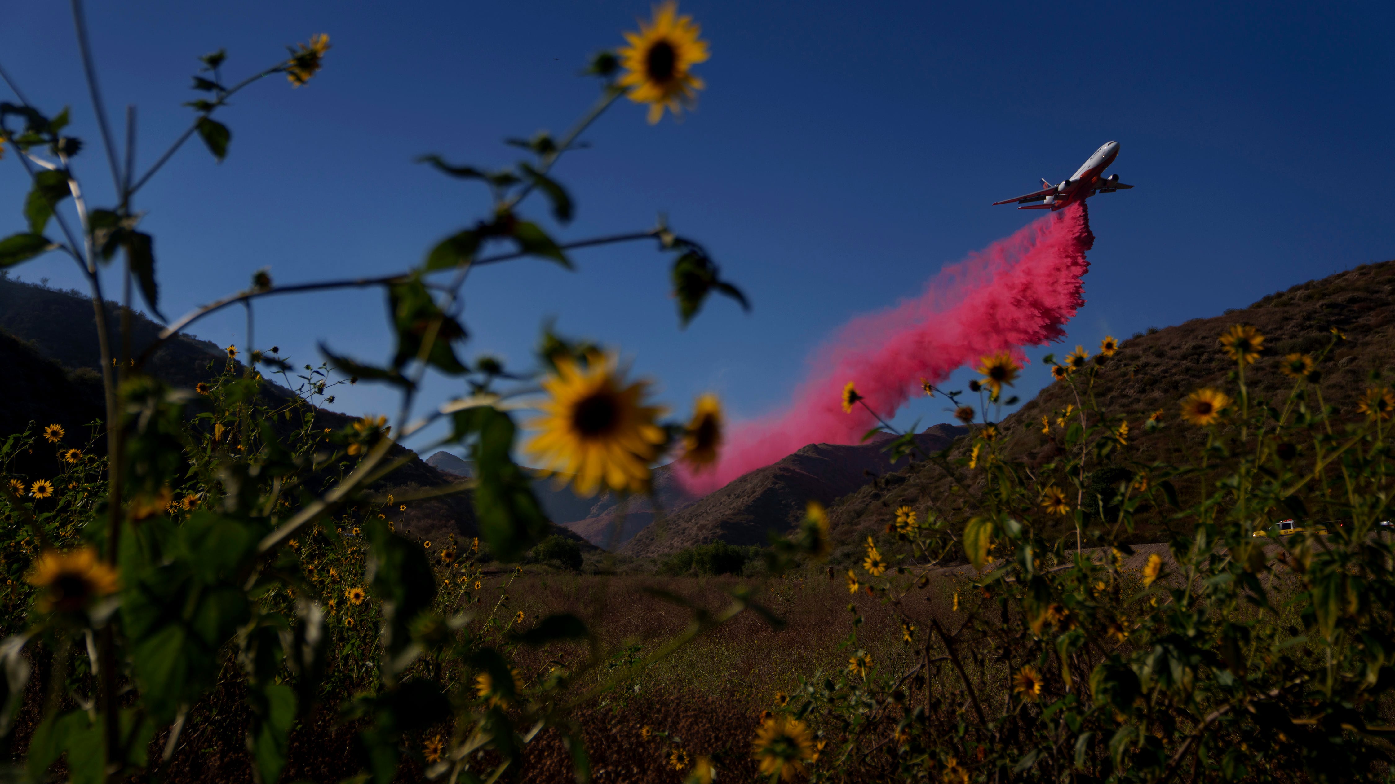 A plane drops retardant on a hillside during the Sharp Fire in Simi Valley, California (Eric Thayer/AP)