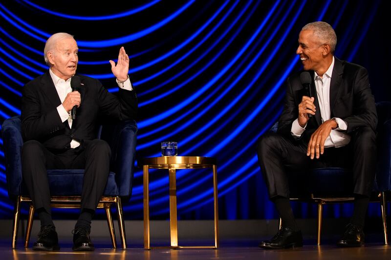 Mr Biden and Barack Obama appeared at a star-studded fundraiser this weekend (AP)