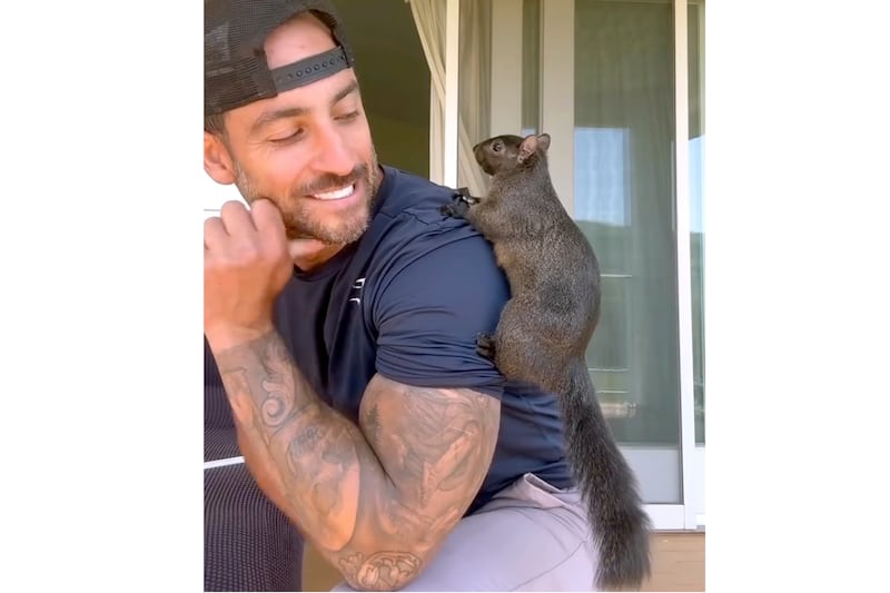 Mark Longo with his pet squirrel Peanut, who was seized by officers from the state Department of Environmental Conservation, at Longo’s home (Mark Longo/AP)