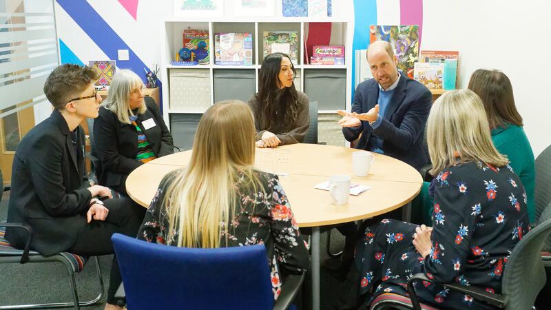 The prince speaks to a group during a visit to Homewards Newport