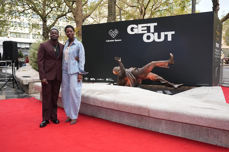 Jodie Turner-Smith and actor Daniel Kaluuya attend the unveiling of the statue, installed as part of the Scenes In The Square trail in Leicester Square