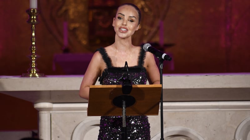 Katie Piper gives a speech at the annual carol concert for the Katie Piper Foundation. Picture credit: Zak Walton.