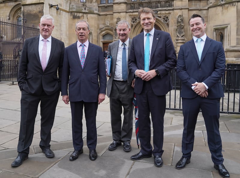 (Left to right) Lee Anderson MP, Reform UK leader, Nigel Farage, Rupert Lowe MP, Reform UK deputy leader, Richard Tice, and James McMurdock MP