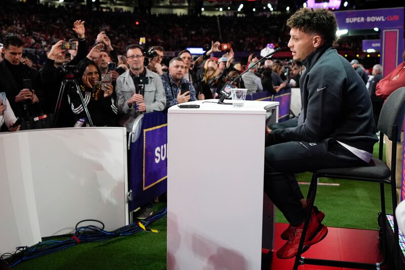 Patrick Mahomes speaks to the media during the Super Bowl’s ‘opening night’ (Matt York/AP)