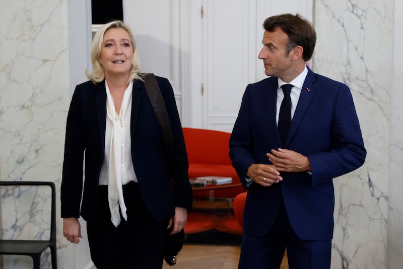 A defeat in the election means French President Emmanuel Macron, right, may have to share power with Jordan Bardella, from the far-right National Rally party of Marine Le Pen (left), as prime minister (Ludovic Marin/Pool/AP)