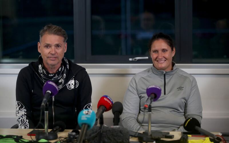 Hannah Dingley, right, speaks to the media with chairman Dale Vincest Green – Pre Season Friendly – Oakfield Stadium