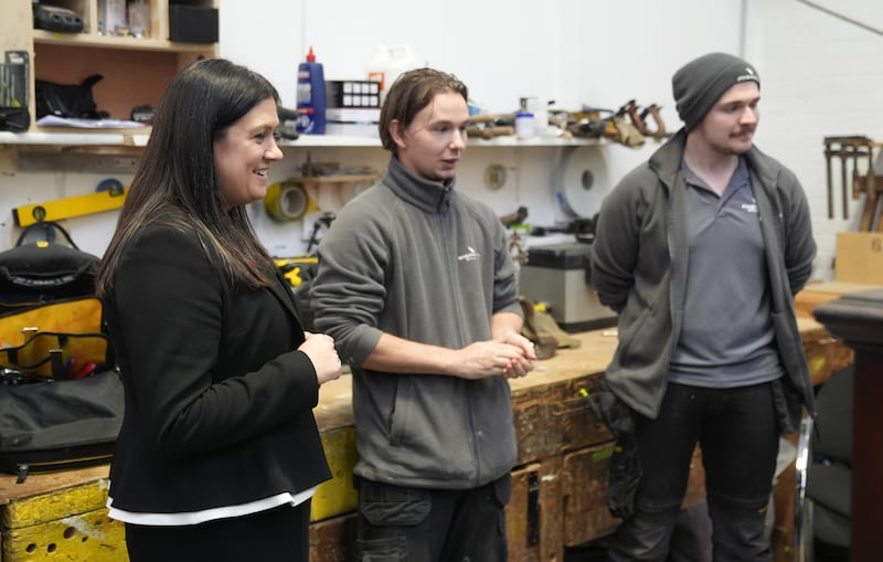 Lisa Nandy, left, met apprentices during a visit to Pinewood Studios in Buckinghamshire on Tuesday